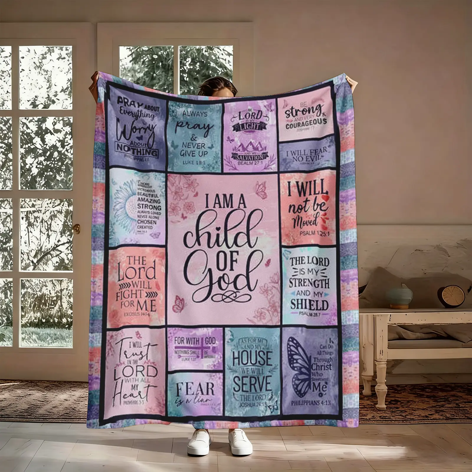 Flannel Blanket - Christian Faithful Message Gift, Double-Sided Fleece, I Am A Child Of God Bible Verse, Soft Modern Textile Throw for Couch Bed Outdoors, Religious Inspirational Christmas Birthday Present for Teen Girls