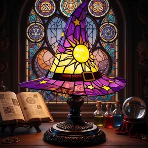 Halloween Vivid Color  Glass Witch Hat Lamp Gothic VintageResin Table Light USB Powered Perfect for Halloween & Party Decorations Whimsical
