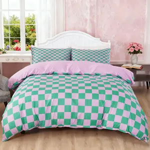 pink green Gingham Pattern Bedding Set, 3 pcs  1 Count Duvet Cover & 2 Counts Pillowcase without Filler, Soft Comfortable Bedding Set for Home Bedroom, Decorative Bedding Set