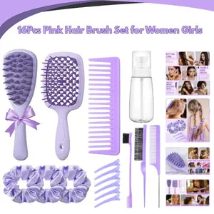 16Pcs Pink Hair Brush Set for Women Girls, Scalp Massager, Detangling Brushes, Spray Bottle, Edge Brush & Comb Set, Travel Hair Kit, Perfect Mother’s Day Gift