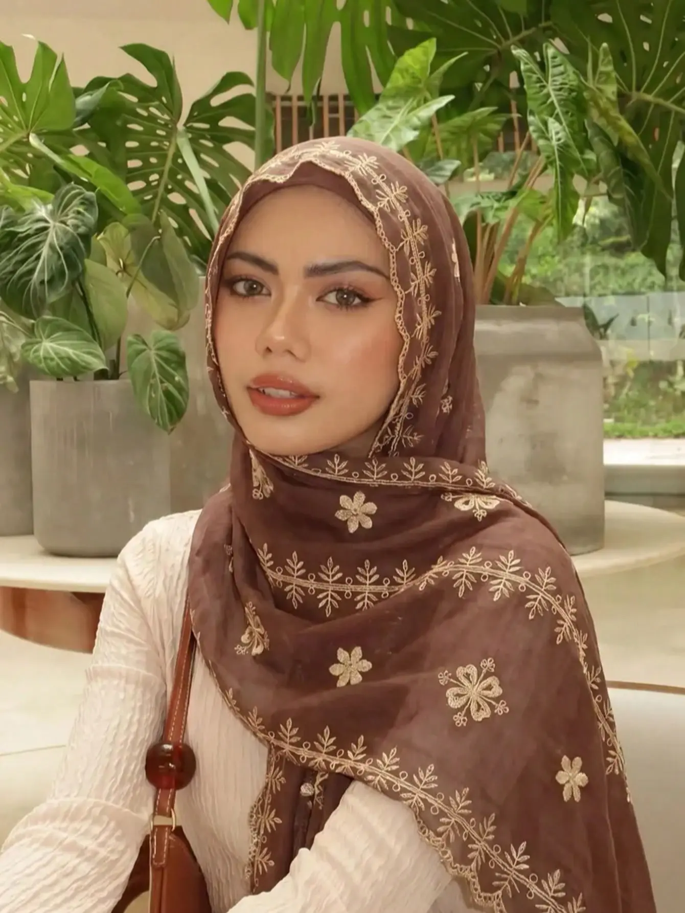 Women's 1pc Dark Romance Vintage Gold Thread Floral Embroidered Hijab - Premium Coffee Brown, 1 Size, Comfortable to Wear, Elegant Dress Fabric Modest Luxury Shawl Wrap, One Size