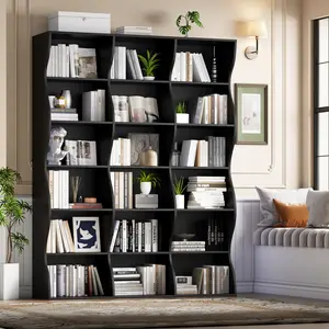 71" Triple Wide Bookshelf, 6 Tier Tall Bookcase, Large Book Shelves with 18 Open Display Shelves, Black Bookcase
