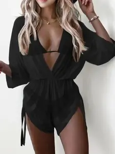 2026 New Model Three-Piece Set Women's Triangle Swimsuit Sets, Solid Sheer Drawstring Deep V Neck Cover Up Romper & Thong & Halter Push Bra Bikini for Women, Ensemble, Trendy, Elevated Basics, Classy