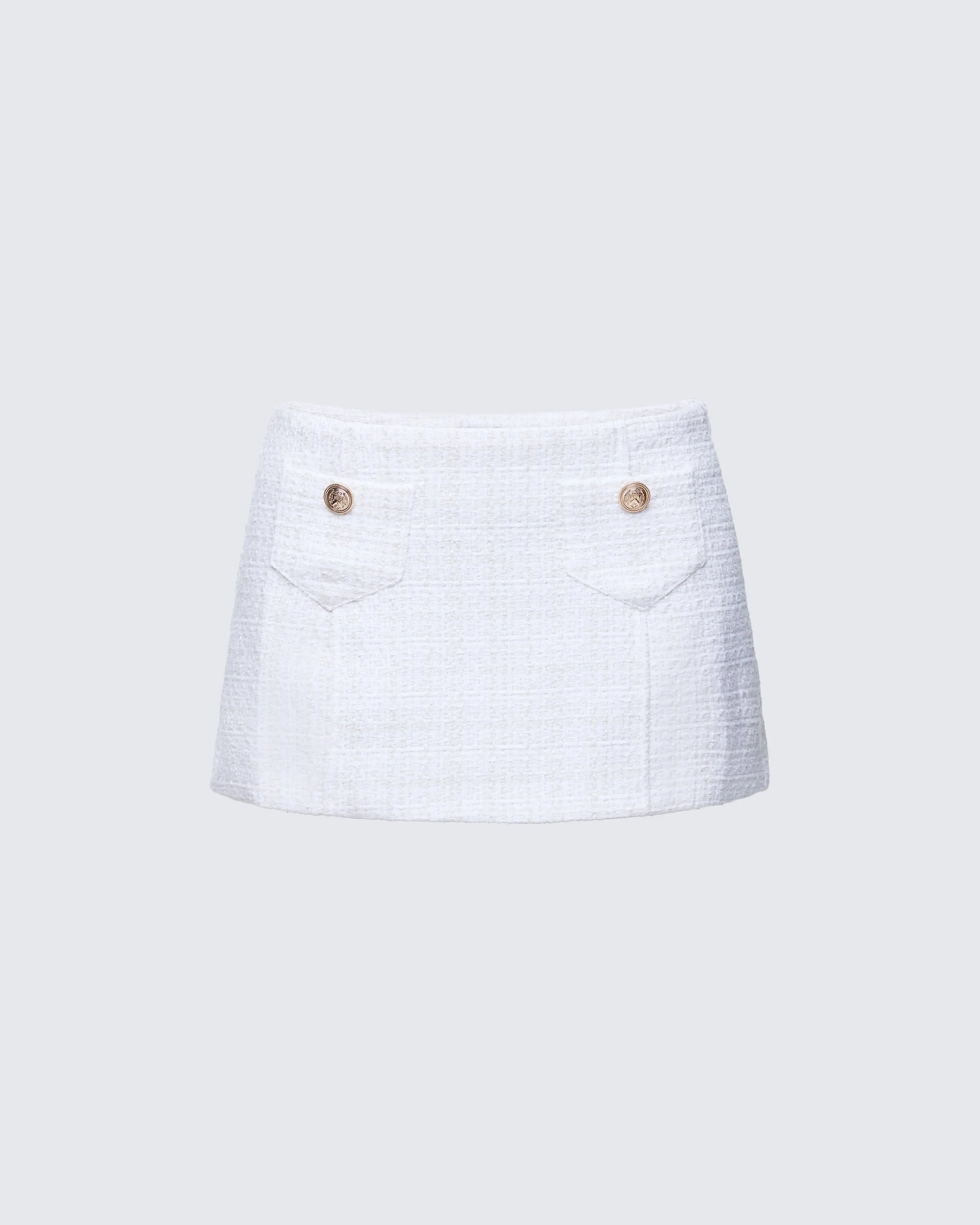 Women's Chic White Mid-Rise A-Line Polyester Tweed Mini Skirt with Gold Button Accents, Patch Pockets, Textured Fabric - XS Size, Rooftop Brunch Fit