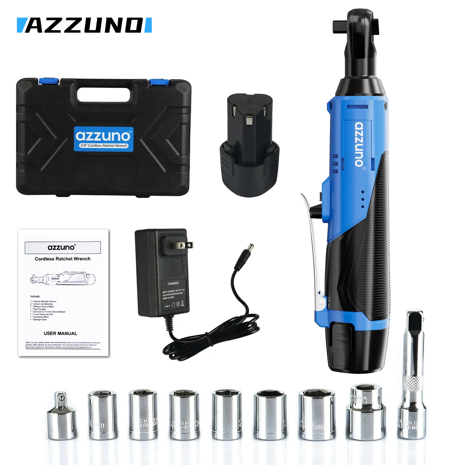 AZZUNO, MT-3S1P, 12V cordless ratchet wrench set, 300 RPM, 3/8" powerful rotating tool, quick charging, variable-speed trigger, 2 lithium-ion batteries, 7 efficient task sockets