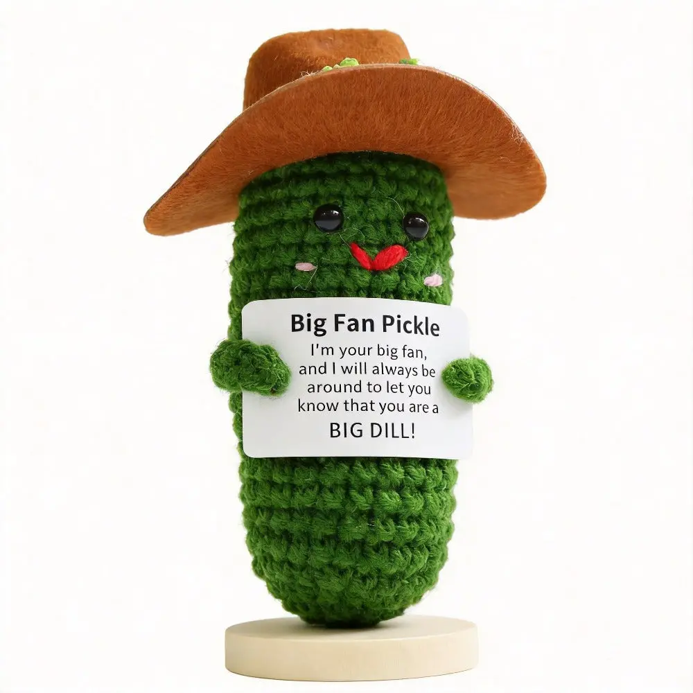 Handmade Crochet Cowboy Pickle "Big Fan Pickle" Desk Buddy, Felt Hat Accessory, Durable Sturdy Craft Decor Piece, Uplifting Toy for Hobby Enthusiasts