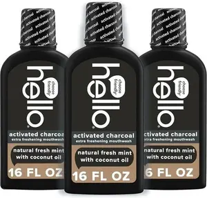 HELLO Activated Charcoal Extra Fresh Mouthwash Natural Fresh Mint and Coconut (Pack of 3)