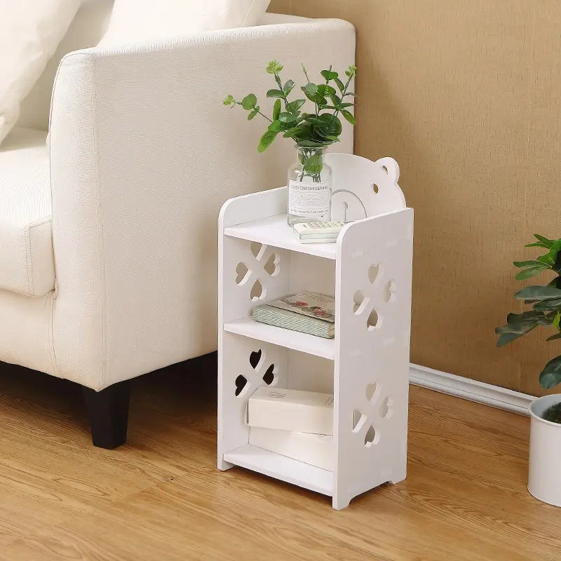 3-Tier Narrow Nightstand, Cute Bear Design Bedside Table With Open Shelves, Minimalist White MDF Storage Cabinet, For Bedroom Living Room Kids Room, Small Space Organizer