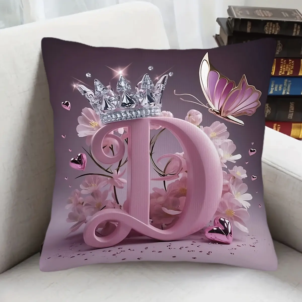 1 pink crown and monogram pillowcase, suitable for decorative cushion cover, single-sided print, elegant monogram bedspread accessory, machine washable, zipper closure, luxury gift (for bedrooms, etc.)