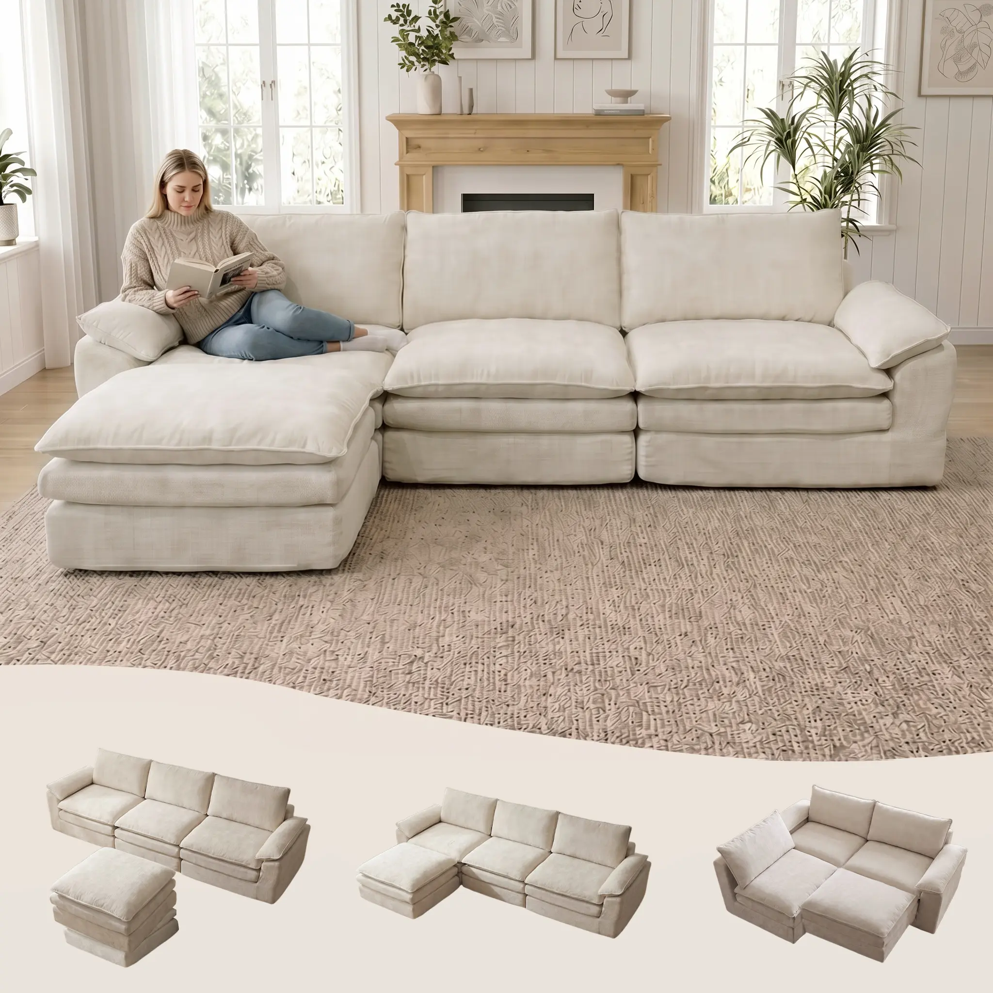 118'' Modular Sectional Cloud Couch with Movable Ottoman, 4 Seat Modern Corduroy Sofa, Deep Seat L Shaped Couch for Living Room Bedroom Apartment No-Assembly