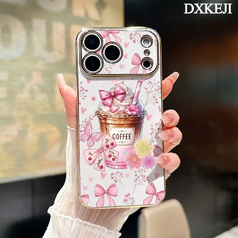 Soft TPU Aesthetic Protective Smartphone Cover - Customized Girly Coffee Lover Electroplating Casing for iPhone 11,12,13,14 Plus,15 Pro Max,16,17, Anti-Slip Bumper, Shockproof Cellphone Accessory Gift