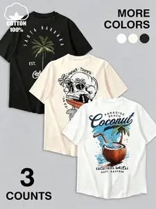 Large Size Men's 3-Pack 100% Cotton Loose T-Shirts, Tropical Print, Beach Palm Tree/skeleton Surf Short Sleeve, Summer Casual Fashion