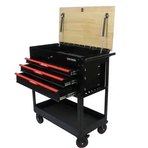 3-Drawer Rolling Tool Chest Cabinet, 38-Inch Tool Box, Multifunction Tool Cart with Wheels and Wooden Top, Toolbox for Workshop Mechanics Garage (3 DRAWERS- BLACK AND RED)