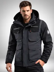 Men’s color-block hooded work jacket, outdoor work outerwear, multi-pocket casual functional mountaineering softshell jacket