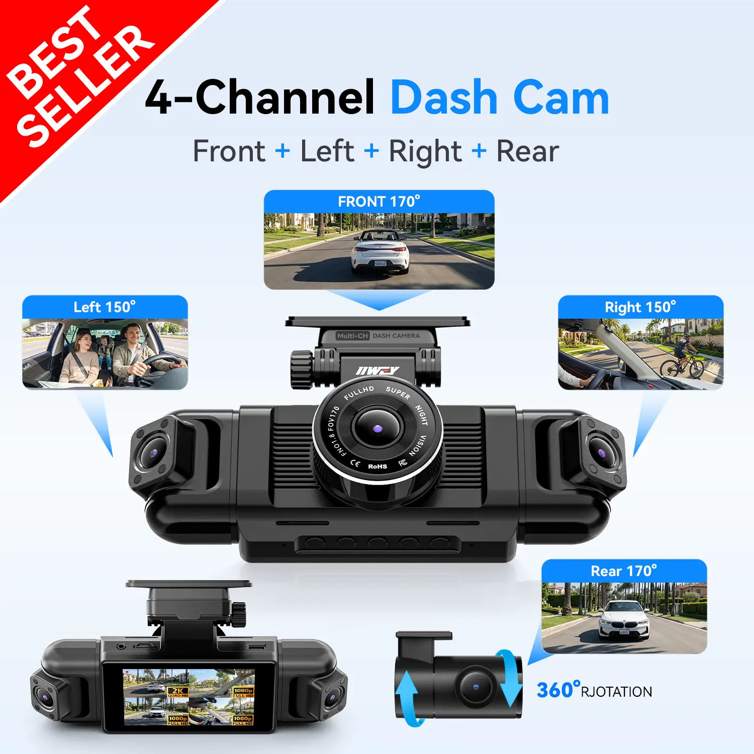 【Best Seller】IIWEY N5 4-Channel 360° Dash Cam – Front Rear Left Right with Rotatable Side Cameras, 1080P + 8 IR Night Vision, 5G WiFi & App Control, G-Sensor, Parking Mode, Free 128GB SD Card, Hd Car Dvr, Wifi Car Dashcam