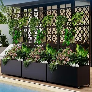 GAOMON Steel Raised Garden Bed with Trellis & Privacy Screen - Planter Box w/Lockable Casters, Drainage Holes for Vines, Vegetables on Patio, Deck, Yard, Black
