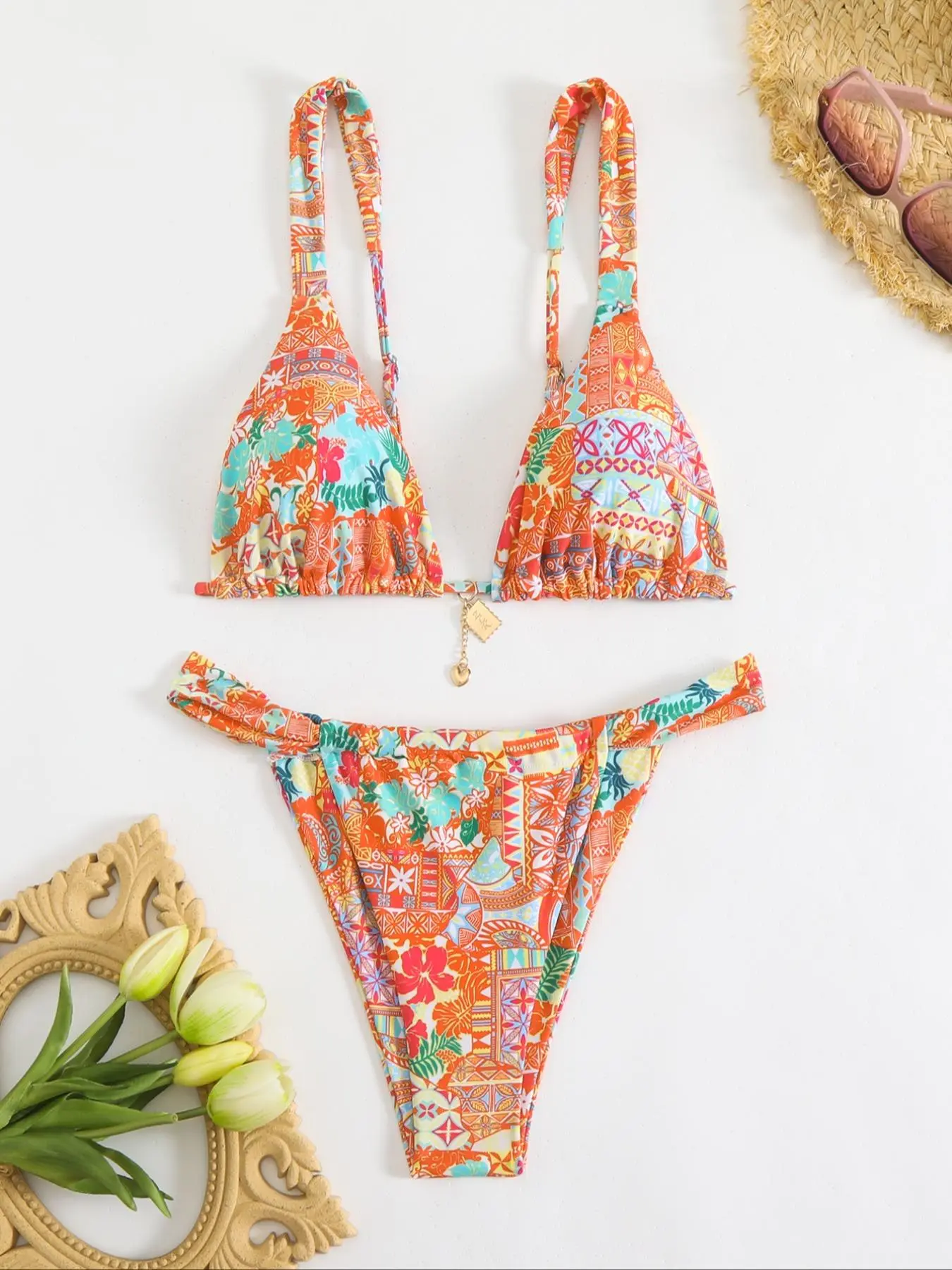 Women's Floral Bikini Set, Floral Print Swimsuits, Sexy Triangle Two-Piece Swimsuit, Spaghetti Strap Bikini, Party Style, Tie Back Design, Summer Swimsuit Set