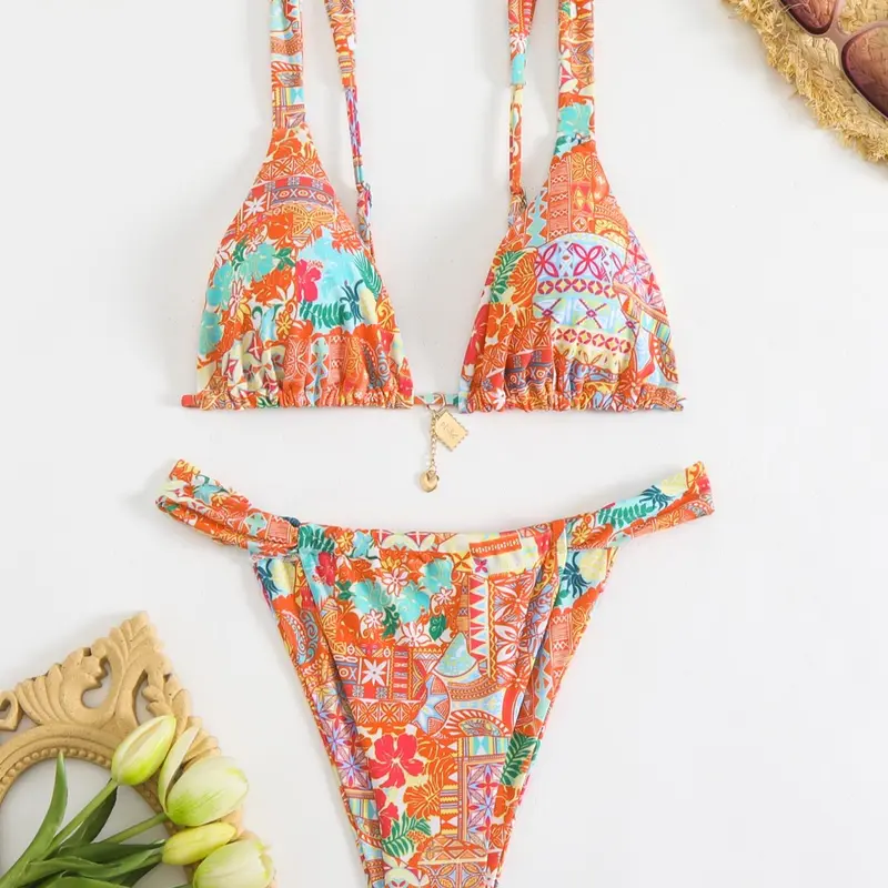 Women's Floral Bikini Set, Floral Print Swimsuits, Sexy Triangle Two-Piece Swimsuit, Spaghetti Strap Bikini, Party Style, Tie Back Design, Summer Swimsuit Set