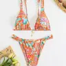 Women's Floral Bikini Set, Floral Print Swimsuits, Sexy Triangle Two-Piece Swimsuit, Spaghetti Strap Bikini, Party Style, Tie Back Design, Summer Swimsuit Set