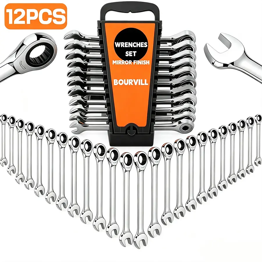 12PCS 72 Teeth Ratcheting Wrench Set Double Box End Flex Head with Gray Nickel Coated Ratchet Wrench Set with Organizer, 12 Point 4° Swing Arc, CR-V Steel, for Home Daily Use, Gift for Man#summerfinds