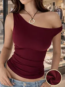 One Shoulder Women Top Sexy Off Shoulder Asymmetrical Neck Slim Fit Stretch Ruched Side Bodycon Tee Shirt Solid Wine Red Burgundy Y2K Going Out Party Club Night Out Date Casual Streetwear Summer Fall Fashion