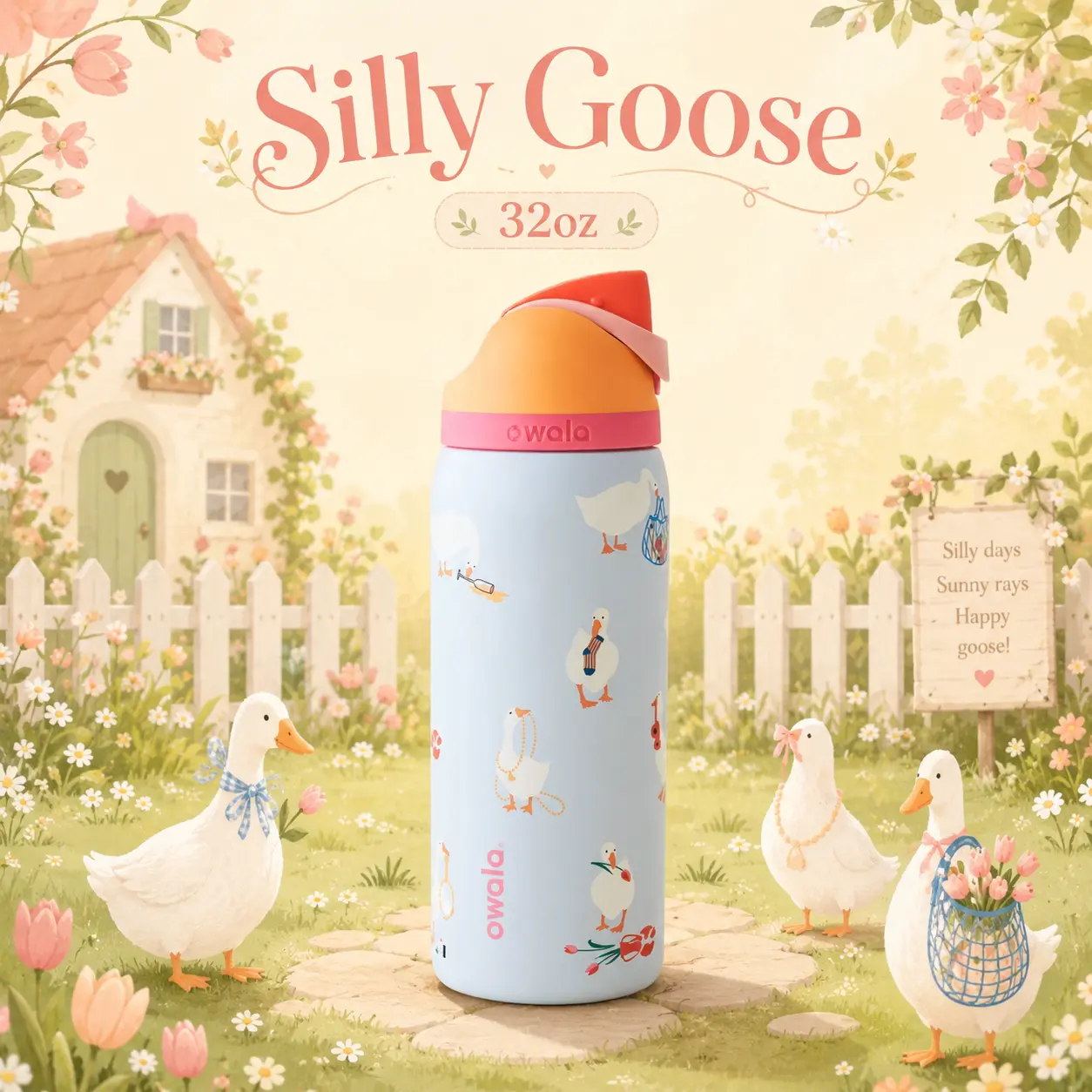 Owala x UO 32oz Silly Goose Insulated Stainless Steel Water Bottle, Cute Goose Print Tumbler with Straw Lid