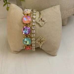 Bracelet Stack Includes Multi Color Cushion Cut Tennis Bracelet with Clear CZ and Gold Cuff for Stylish Accessories