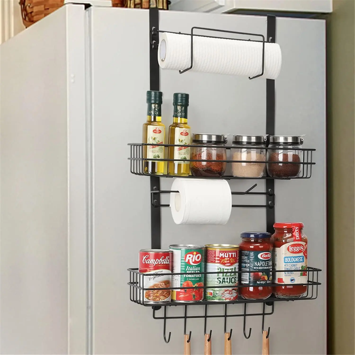 Fridge Spice Rack Organizer, Refrigerator Side Shelf Storage with Paper Towel Holder 2 Baskets & 6 Hooks Kitchen Rack for Refrigerator Washing Machine, Black