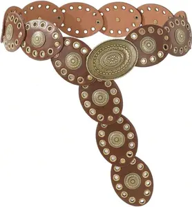 Western Leather Belt for Women - Wide Cowgirl  Belt with Concho Buckle - Boho Style Belt for Jeans & Dress