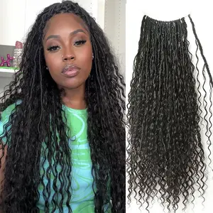 Crochet Boho Locs with Human Hair Curls Pre-looped Goddess Crochet Locs Curly Ends Human Hair Soft Dreadlocks Braiding Hair for Black Women Natural Color