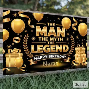 Men's Black Gold Polyester 2D Flat Backdrop, 1PC Custom "The Man The Myth The Legend" Name Reusable Birthday Party Decoration Curtain & Photography Banner (Home & Festive Supplies)