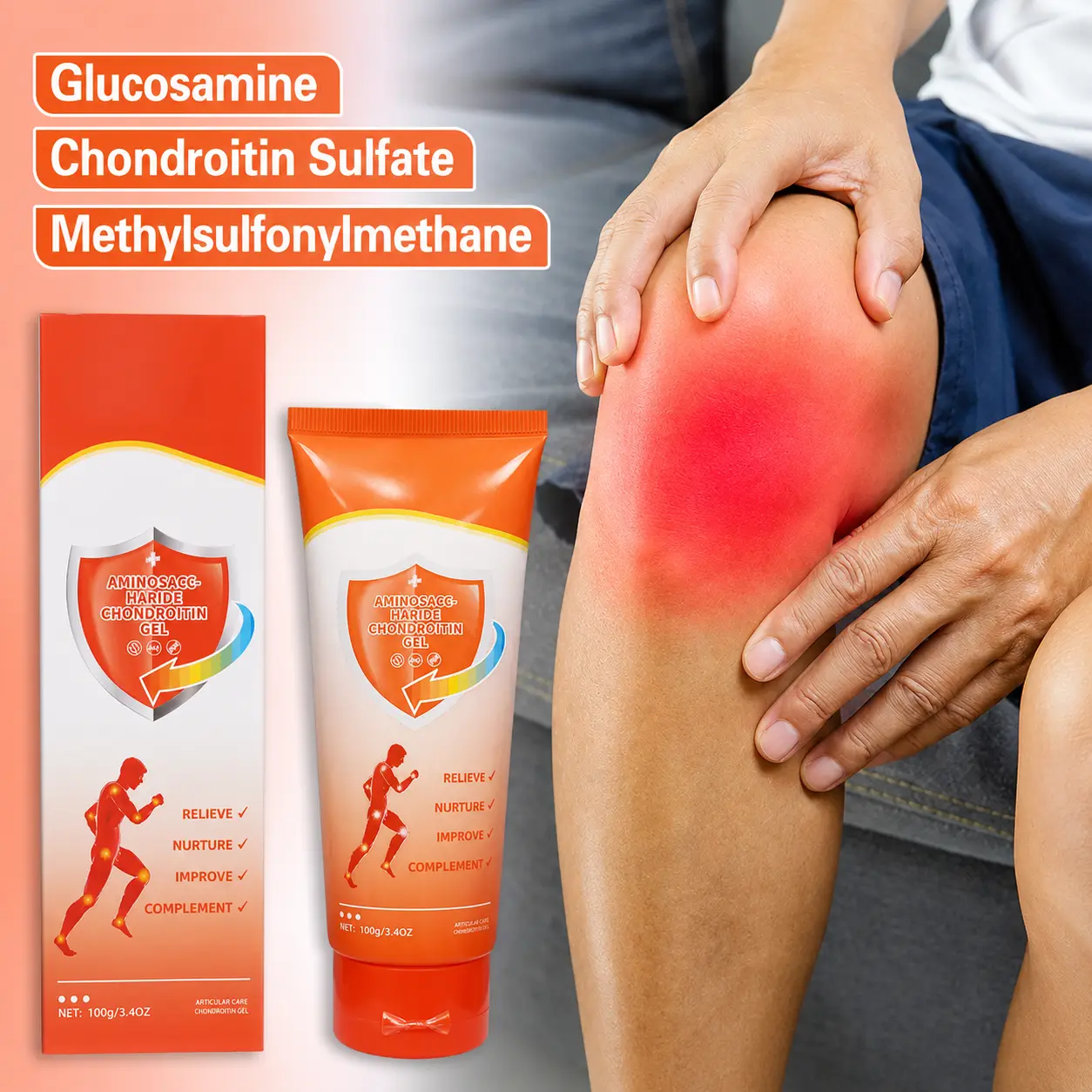 Joint Relief Massage Cream, 100 grams, for the knees, lower back, neck, hands, and feet; contains glucosamine, chondroitin sulfate, MSM, ginger root extract, and eucalyptus oil