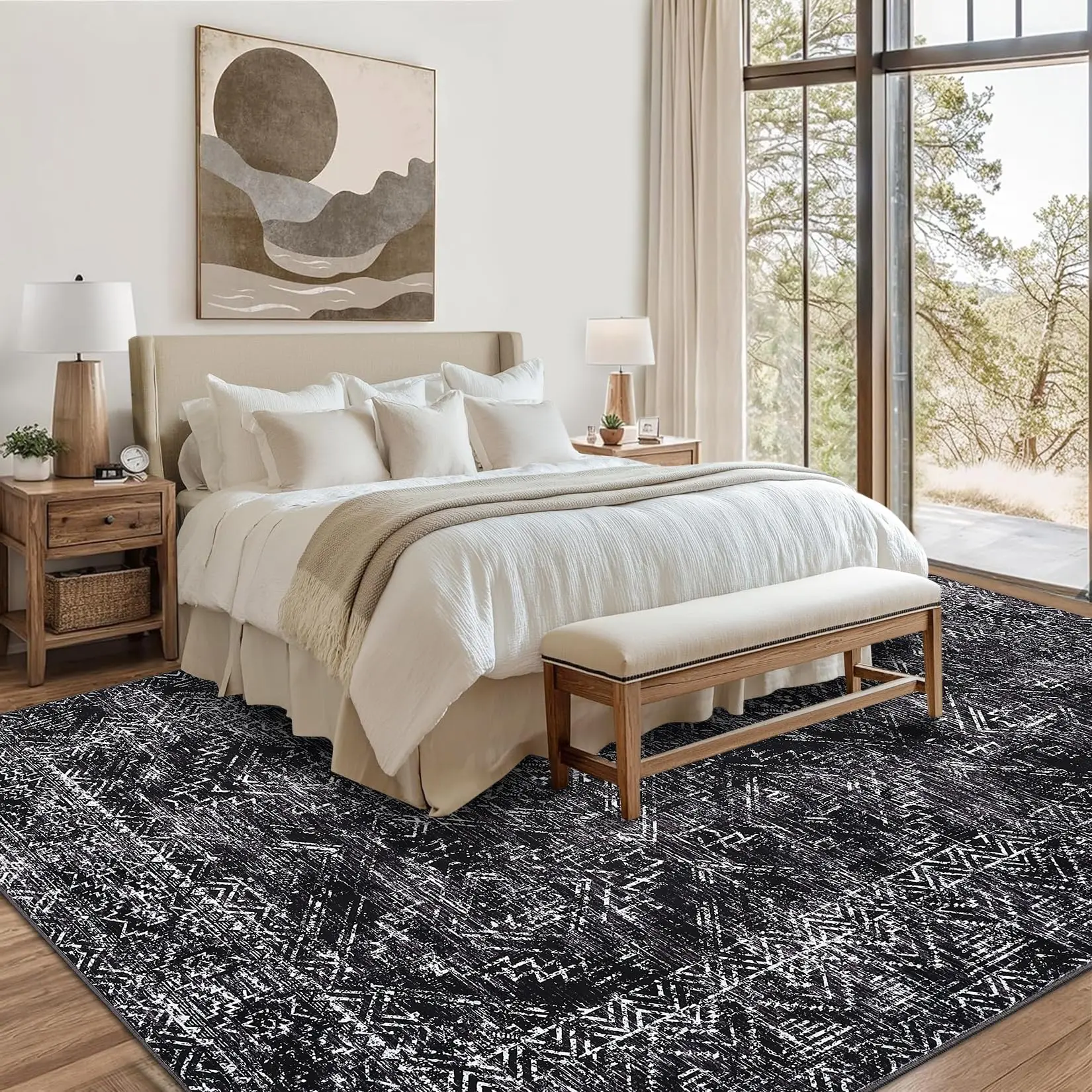 Garvee Black Washable Rug 10x13 Modern Abstract Geometric Diamond Non-Slip Low Pile Indoor Area Rug Stain-Resistant No-Shedding Easy-Clean for Extra Large Living Room Bedroom Baby Room Balcony Carpet