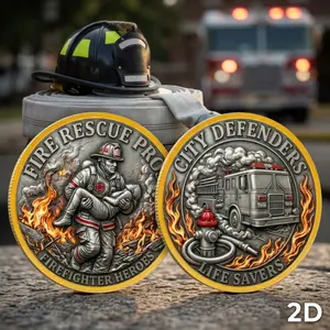 Firefighter Hero Commemorative Coin, 3D Relief Double-Sided Design, Firefighter Rescue & Fire Engine Theme, Vintage Collectible, Creative Gift & Ornament, 2D Replica Coin
