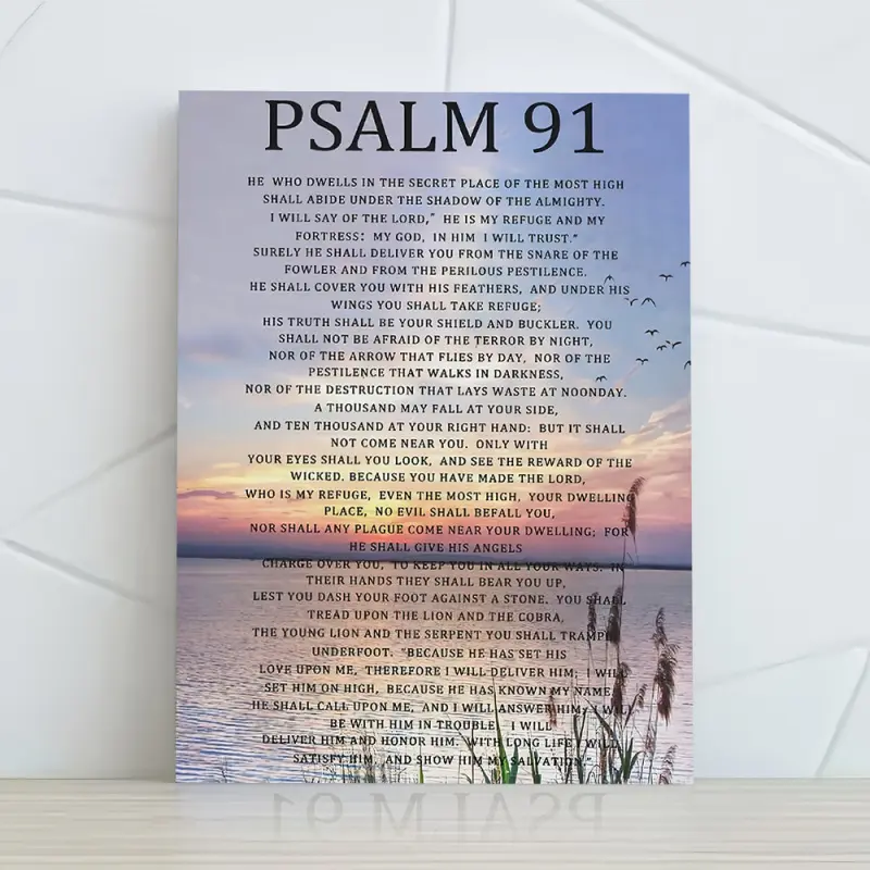 A Poem 91 Scripture Canvas Wall Art - Inspirational Bible Painting with Sunset and Bird Design, Wooden Frame Polyester Poster, Artwork For Wall Decor, Suitable for Home, Office Decoration, Inspirational Wall Decoration