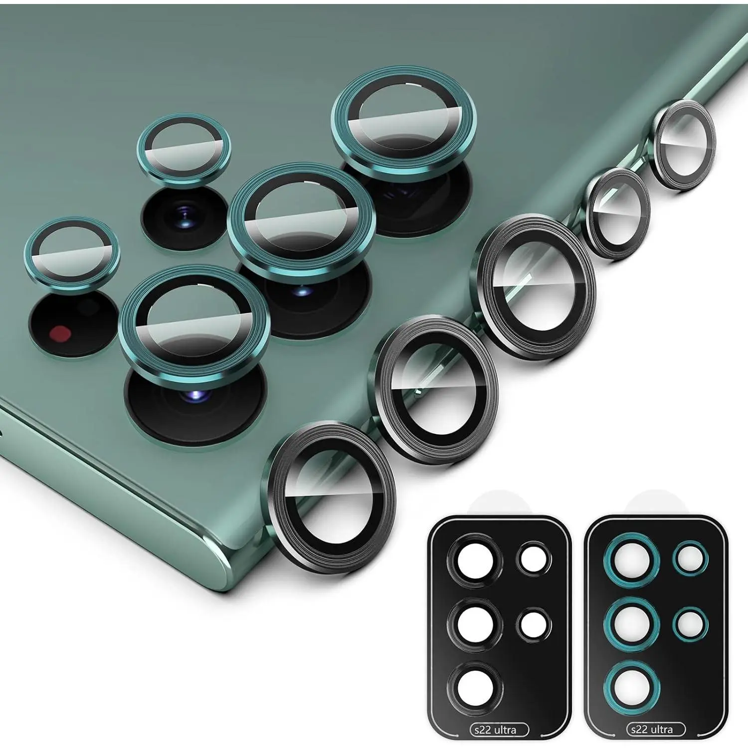 2 Pack Individual Camera Lens Protector Compatible with  Galaxy S22 Ultra 5G 2022, 9H Tempered Glass Camera Cover Metal Ring for S22 Ultra [Installation Tray], Black+Green