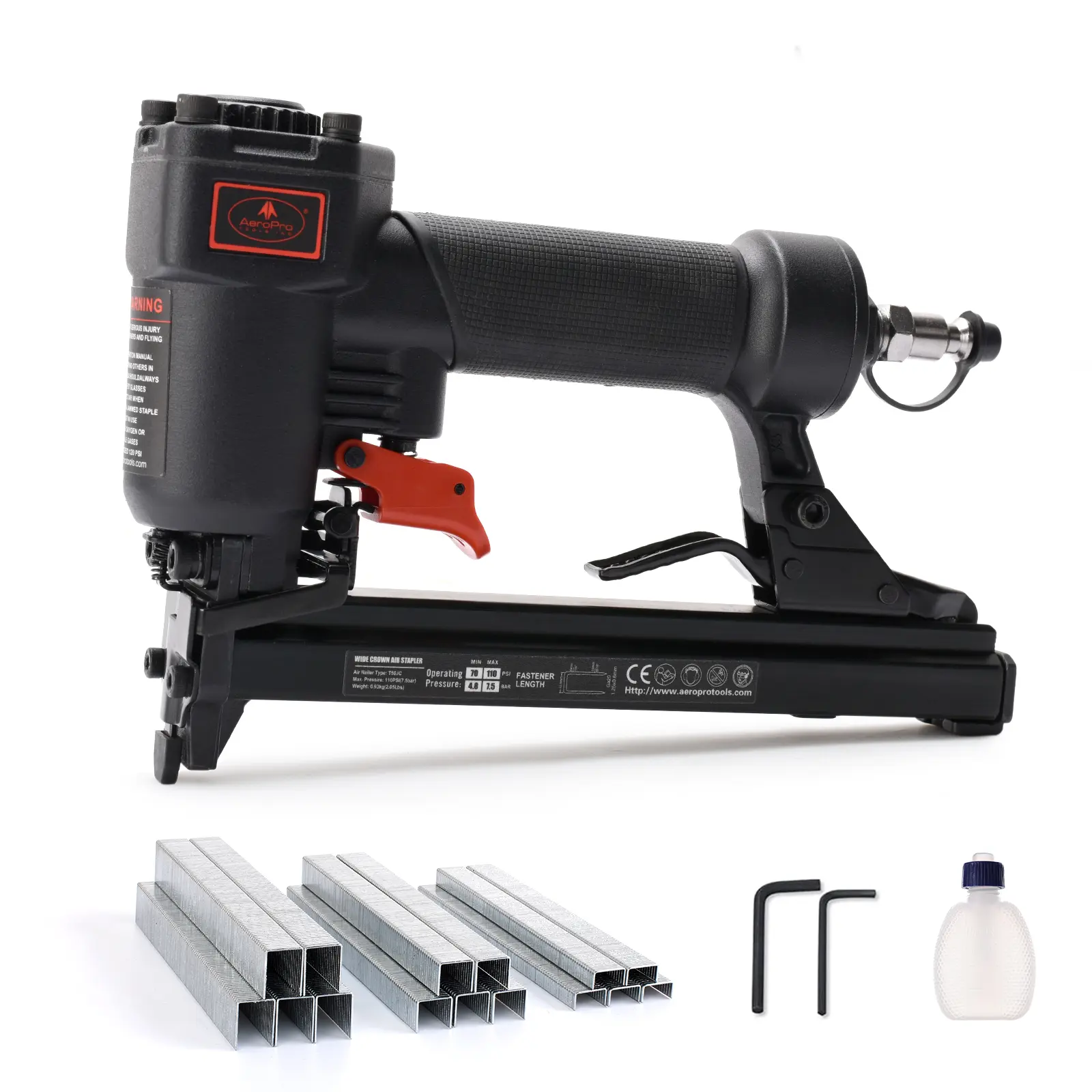 Aeropro Tools T50JC Pneumatic Staple Gun, 20 Gauge Wide Crown Air Stapler, 1/4 in to 9/16 in, Includes 1200 Staples, for Upholstery, Woodworking & DIY Projects