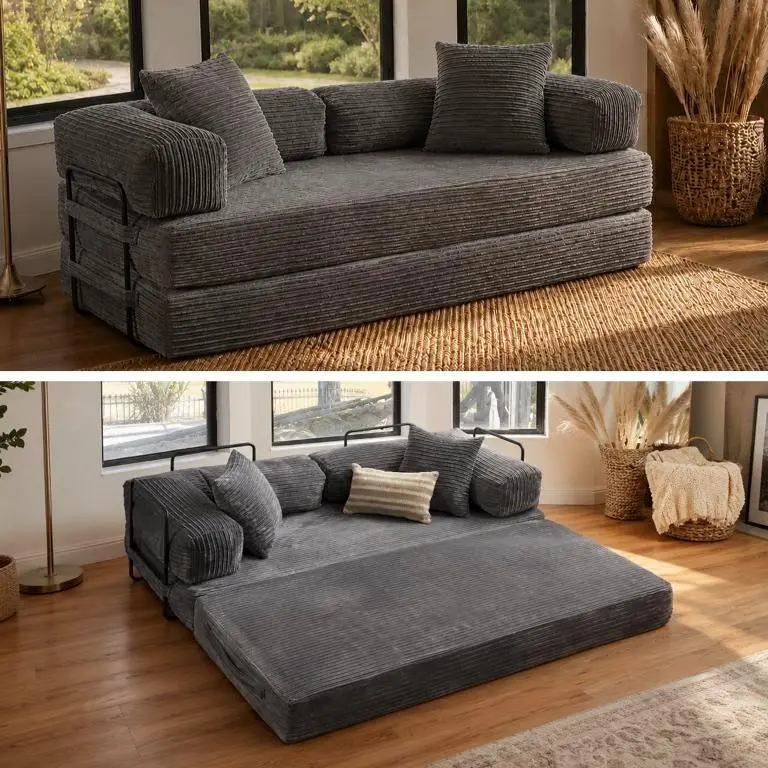CAODOC 80’’ Oversized Boneless Couch, 5-in-1 Convertible Sleeper Futon Sofa Bed with 2 Pillows, Deep Seat Corduroy Floor Sofa for Small Spaces, Foldable Modular Pull Out Couch for Guest Bed Kids Play Area, No Assembly