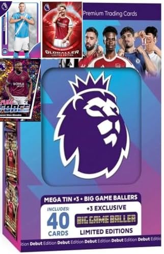 Premier League 2026 new - One Random Mega Tin - 40 Cards Including 3 Exclusive LE 25/26 Soccer Cards + Bundle with Hassential Sticker Premier League Soccer Cards