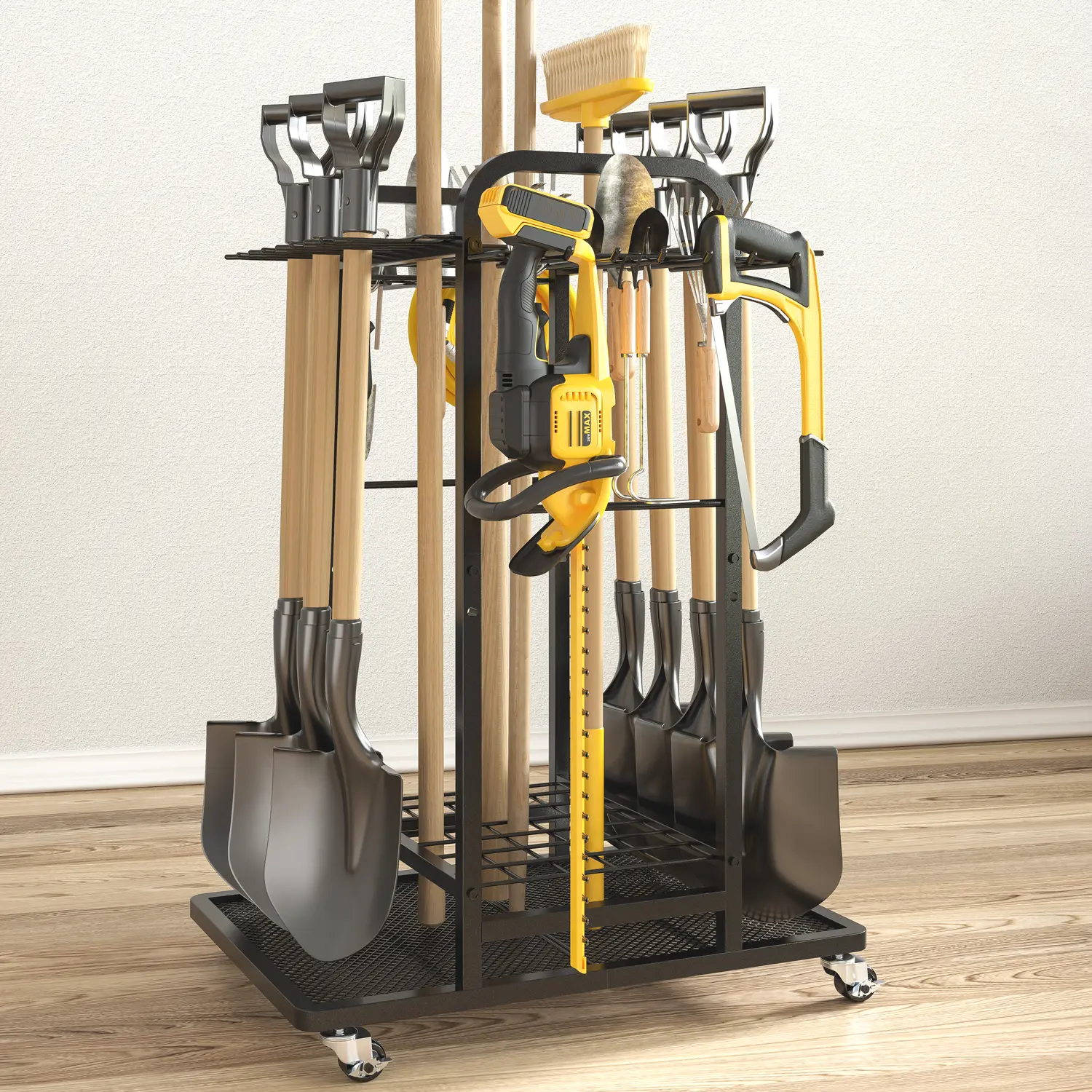 SOYEEZE Garden Tool Organizer,Yard Tool Holder for Garage with Wheels,Garden Tool Cart, Shed Organization Stand Rack with Hooks,Lawn Tool Storage for Long-Handled Shovel,Broom,Rake,Farm Tools