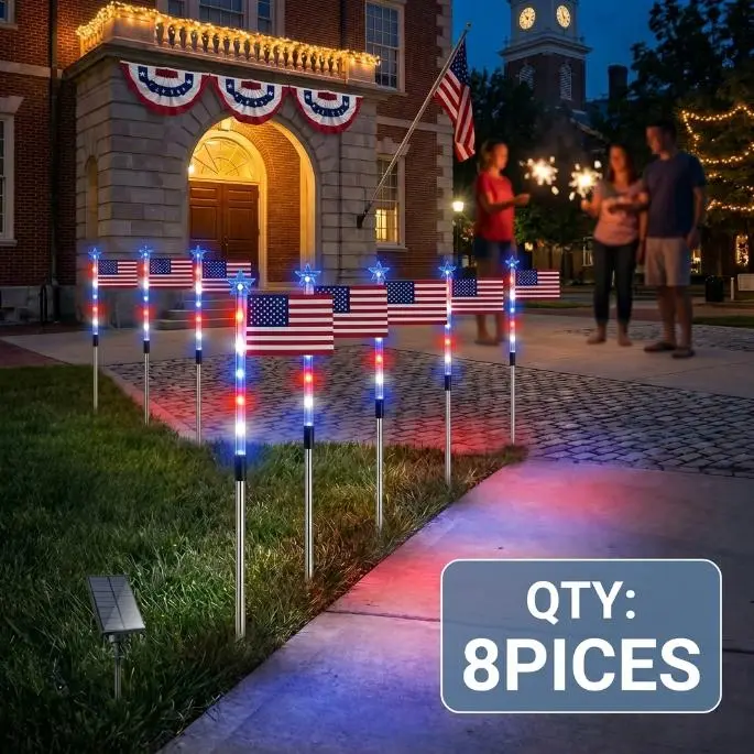[4th of July Essentials] Solar American Flag Pathway Lights (8-Pack) - Red White and Blue 8-Mode Patriotic Outdoor Stake Lights, Waterproof Solar Lawn Walkway Lights for Holiday Garden Party Vibes