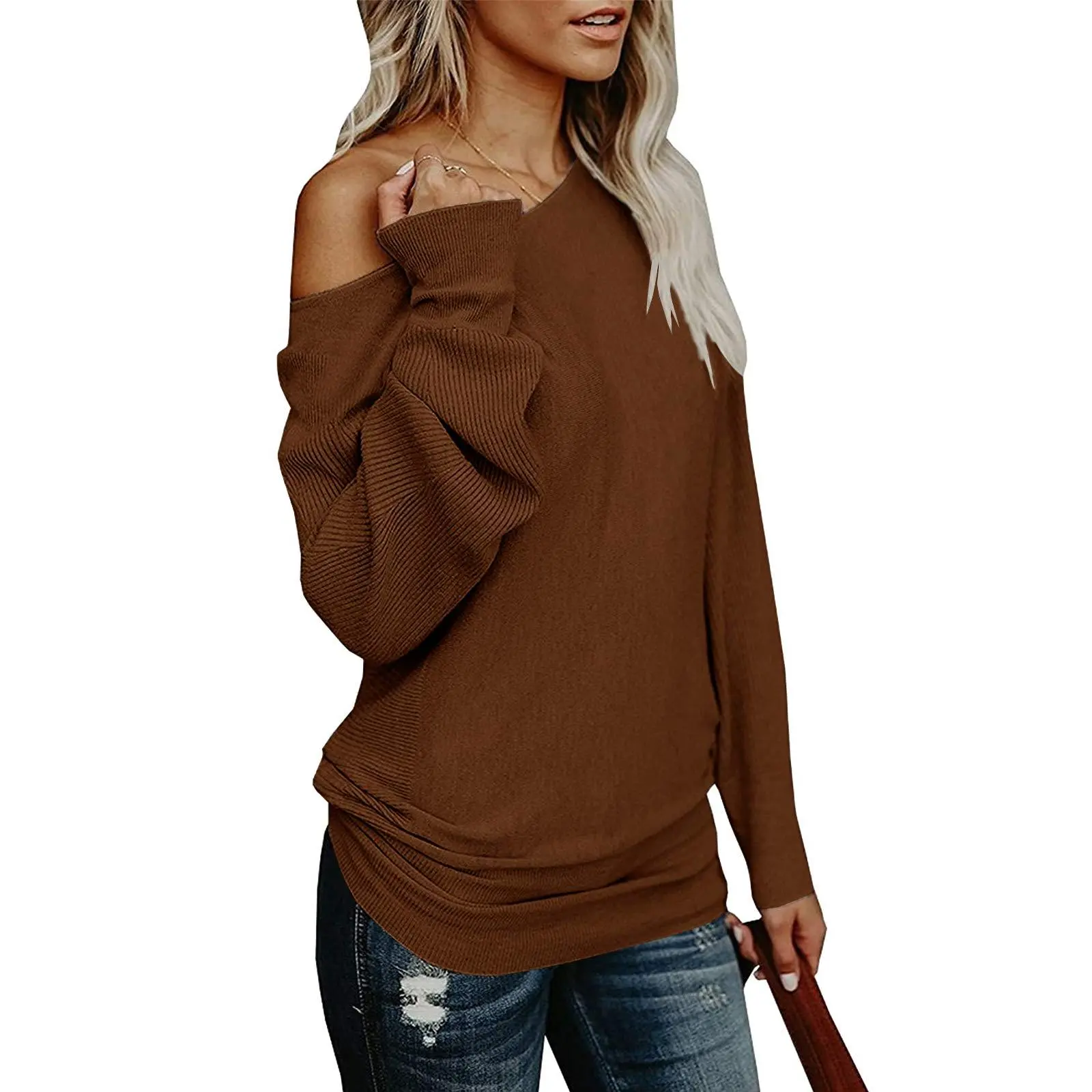 PiePieBuy Women's Off-Shoulder Long Sleeve Knitwear Sweater - Plain Solid, Elegant, Oversized, Asymmetric, Non-Button, Minimalist Basic Casual Extra-Long Cocooning Tunic (XL) for Work, Party, Multiple Seasons - Cotton Knitting Fit Tops
