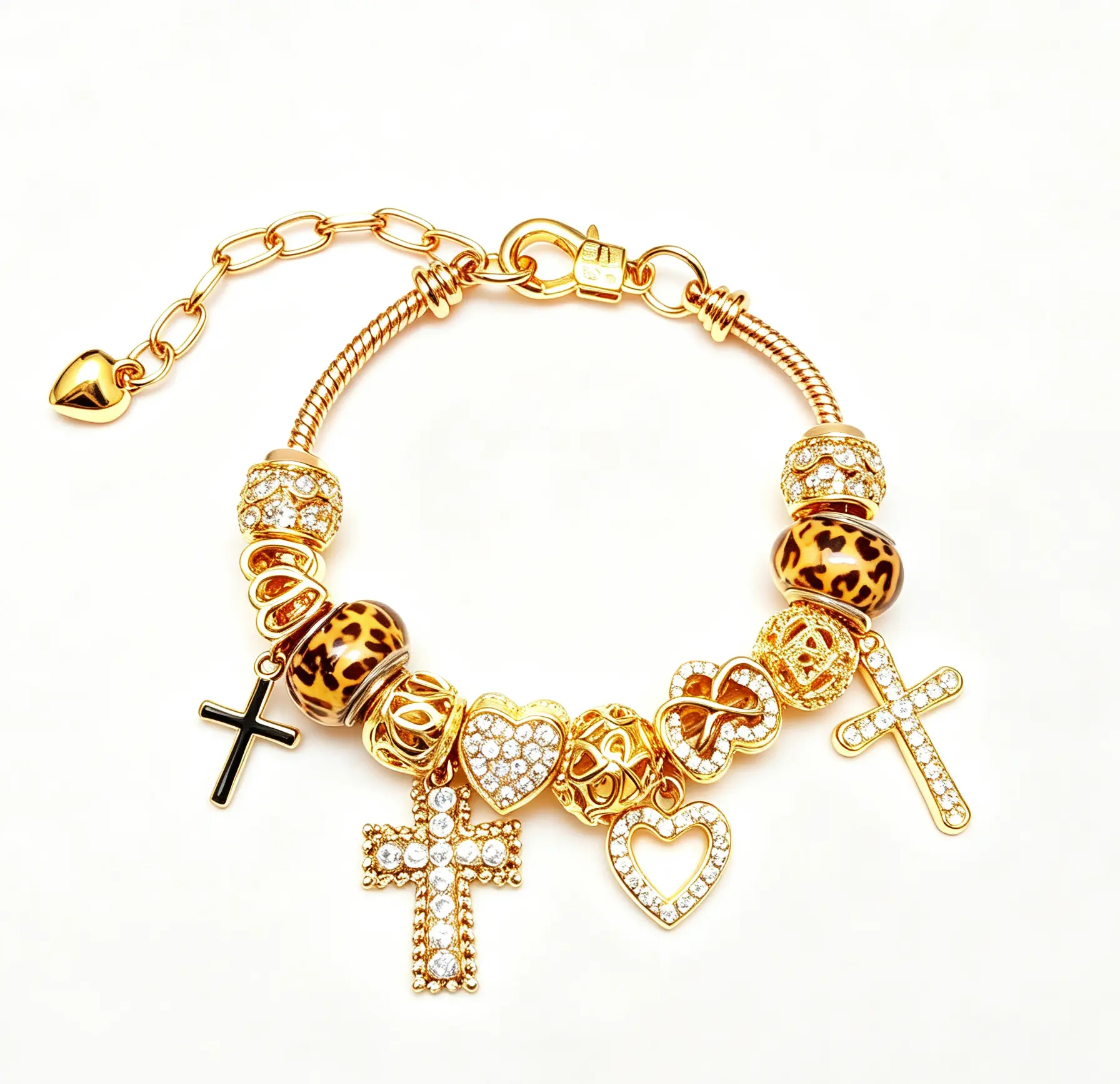 Gold Plated Leopard Print Bead Charm Bracelet, Cross & Heart Crystal Dangle Snake Chain Bracelet, Vintage Luxury Stackable Jewelry Gift for Women