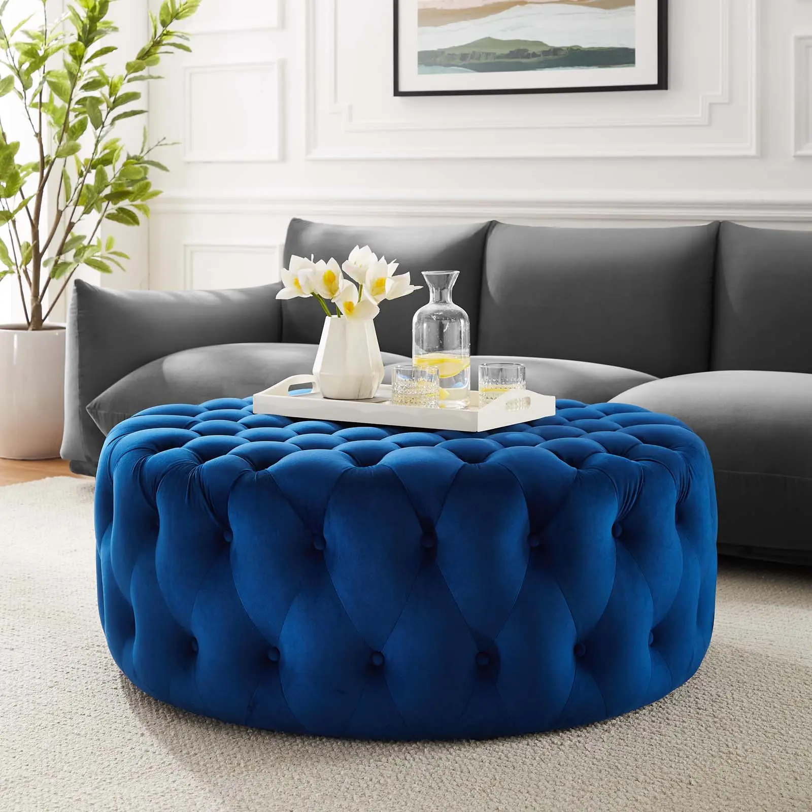Modway Amour Luxurious Soft Comfortable Tufted Button Large Round Performance Velvet Ottoman Seat, Navy Furniture