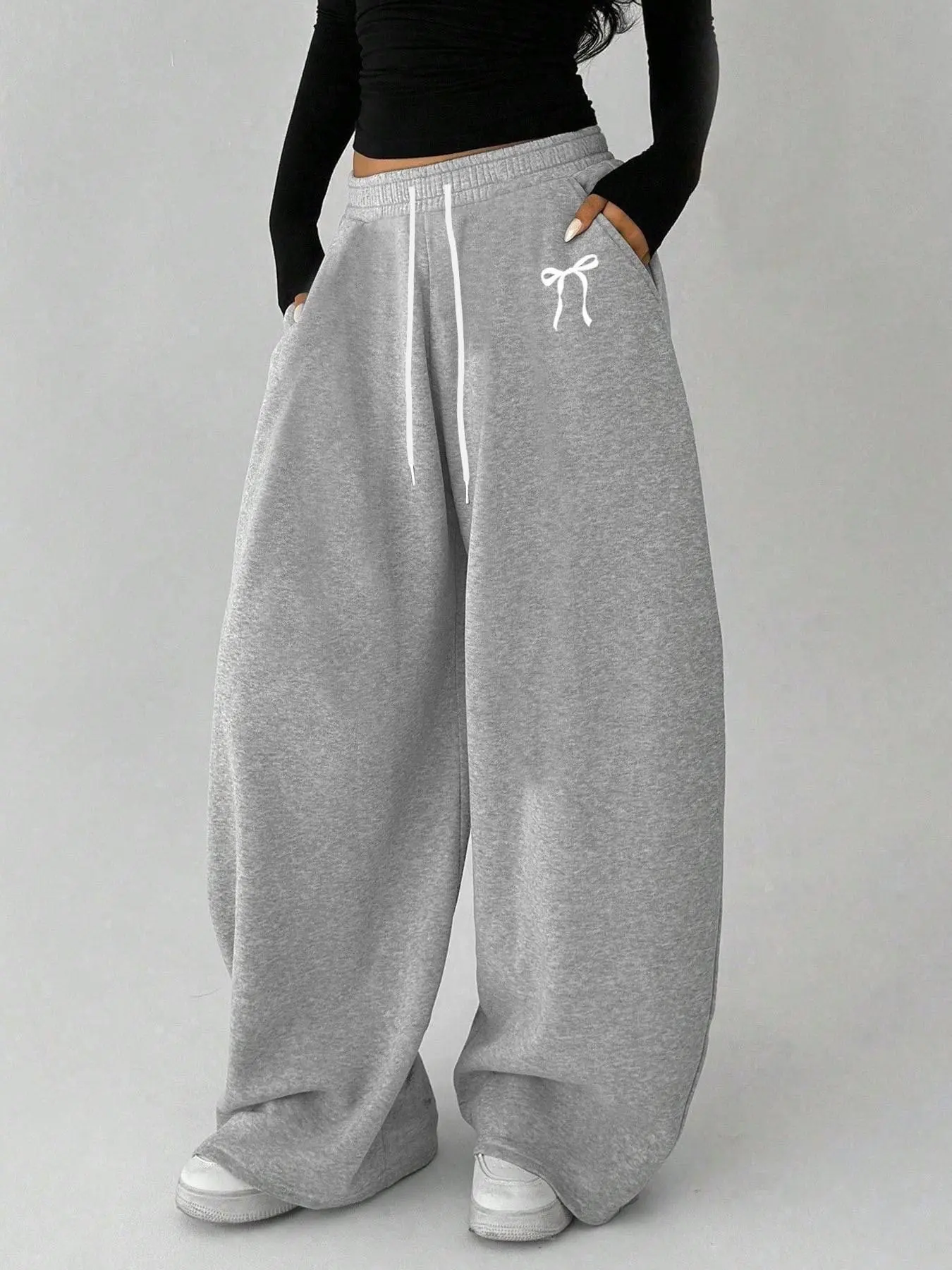 Women's Bow Print Elastic Adjustable Drawstring Waist Baggy Loose Oversized Soft Basic Sweatpants, Stylish & Comfortable Casual Wear, Perfect for Daily Activities, Simple, Versatile & Street-ready, Everyday Casual Comfy Pants