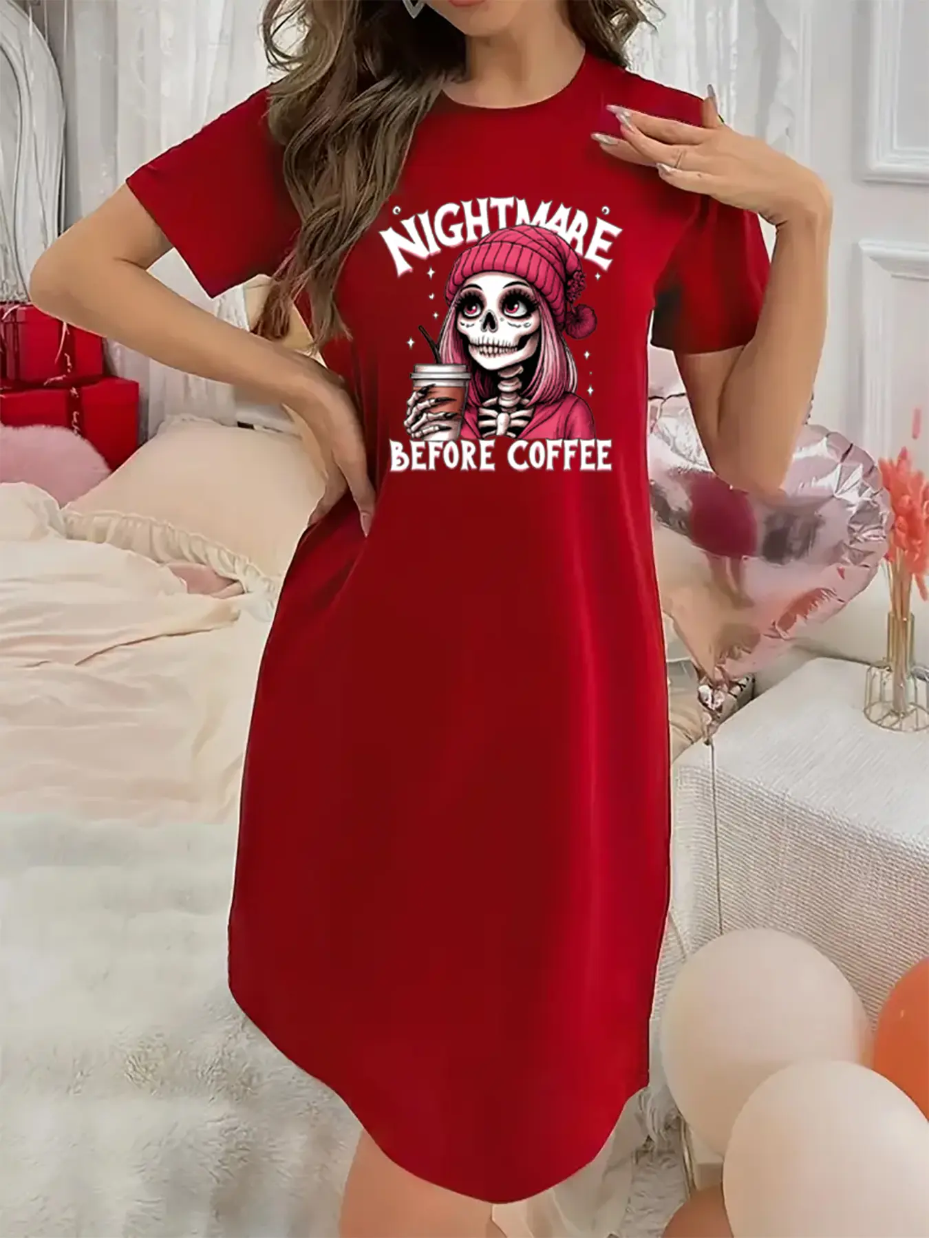 Soft and Slightly Stretchy Women's Underwear Nightmare before coffee Pattern Short Sleeve Crew Neck Nightgown, Sexy Elegant Youthful Women's Christmas Dress, Perfect for Halloween, Christmas, and Thanksgiving Gifts