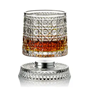 360° Rotating Crystal Whiskey Glass 9.57oz Luxurious Barware Drinkware, Spinning Base Stress Relief Drinking Glass Gift for Him Premium Crystal Glass for Whiskey Bourbon Wine Cocktails