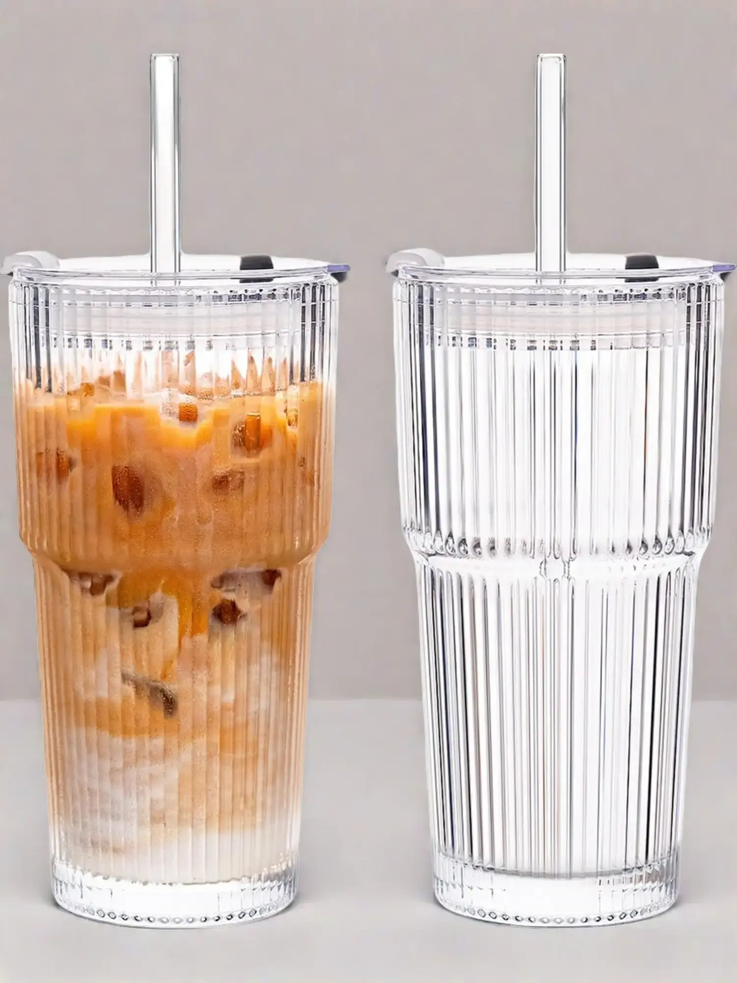 18oz (540ml)  Vintage Ribbed Glass Tumblers with Lids and Glass Straws, Reusable Clear Drinking Glasses Ideal for Iced Drinks, Iced Coffee, Smoothies & Cocktails at Home or Cafe, Cup, Silicone