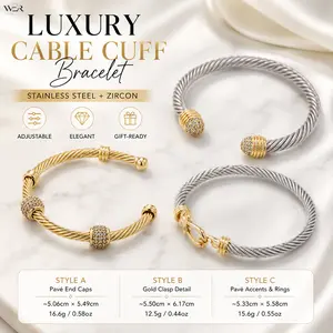 Stainless Steel Cable Cuff Bracelet for Women, Elegant Twisted Bangle with Pavé Cubic Zirconia, Lightweight Statement Jewelry Gift