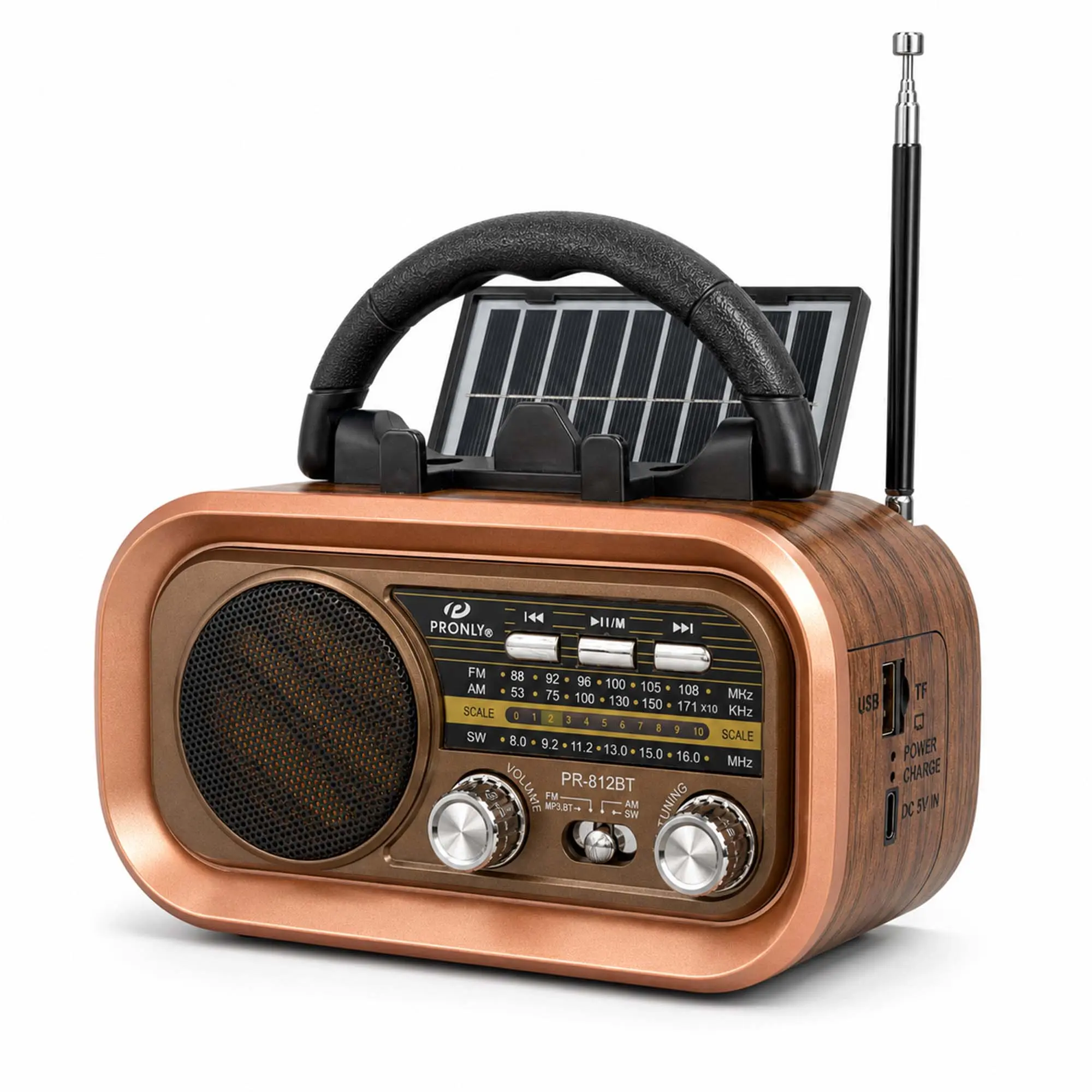 Pronly 812BT Compact Vintage Retro Portable AM-FM-SW Radio with Bluetooth, Speaker, TF Card/USB Playback Audio, Batteries Compatible, Wireless